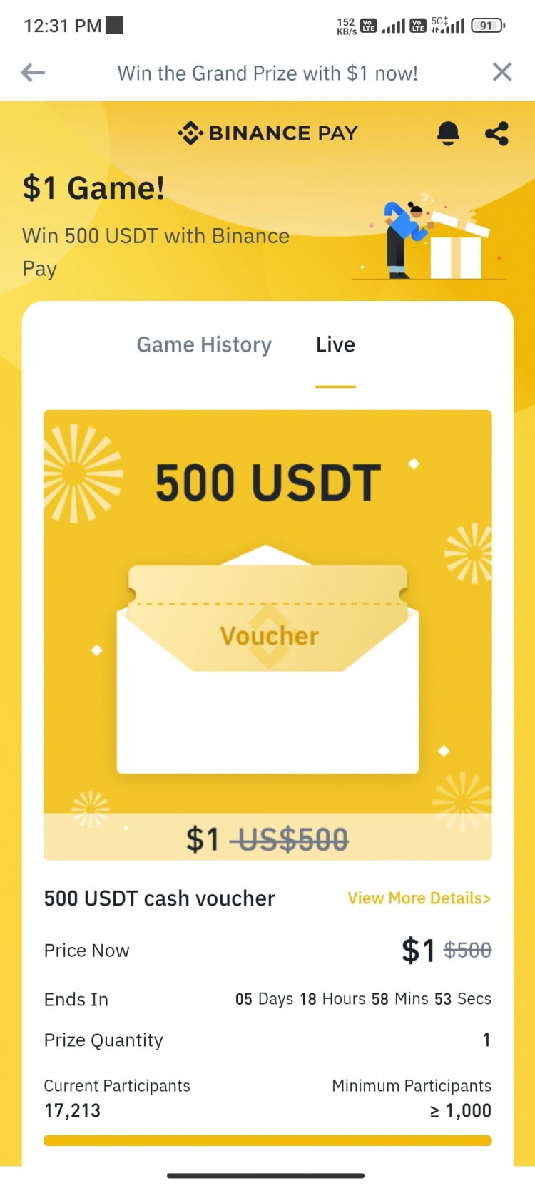 加入币安 1 美元游戏就有机会赢取 500 美元