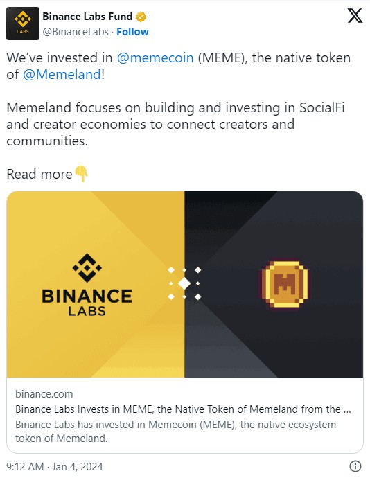 Binance Labs 支持 Memeland 生态系统的 Memecoin