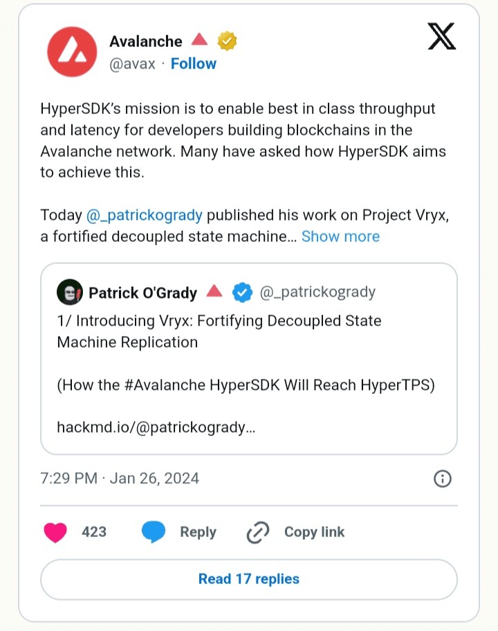 Avalanche 宣布开发 Vryx 扩展解决方案